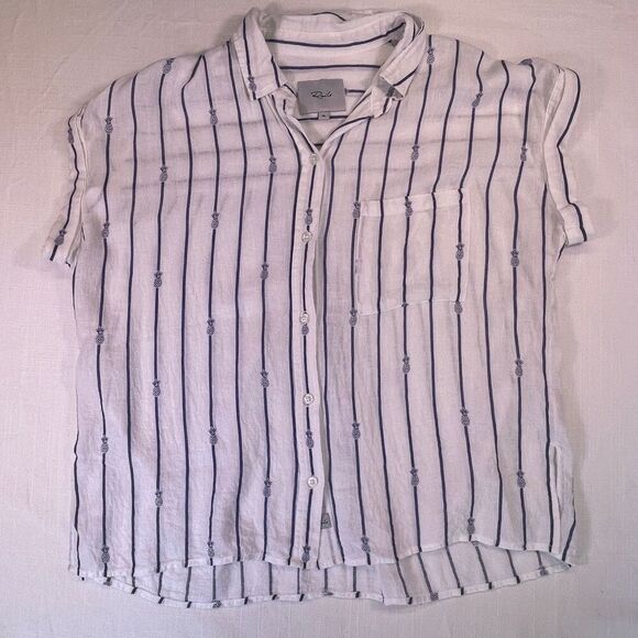 Rails White Navy Striped Pineapple Print Linen Blend Button Up Shirt Size Medium - Picture 3 of 13